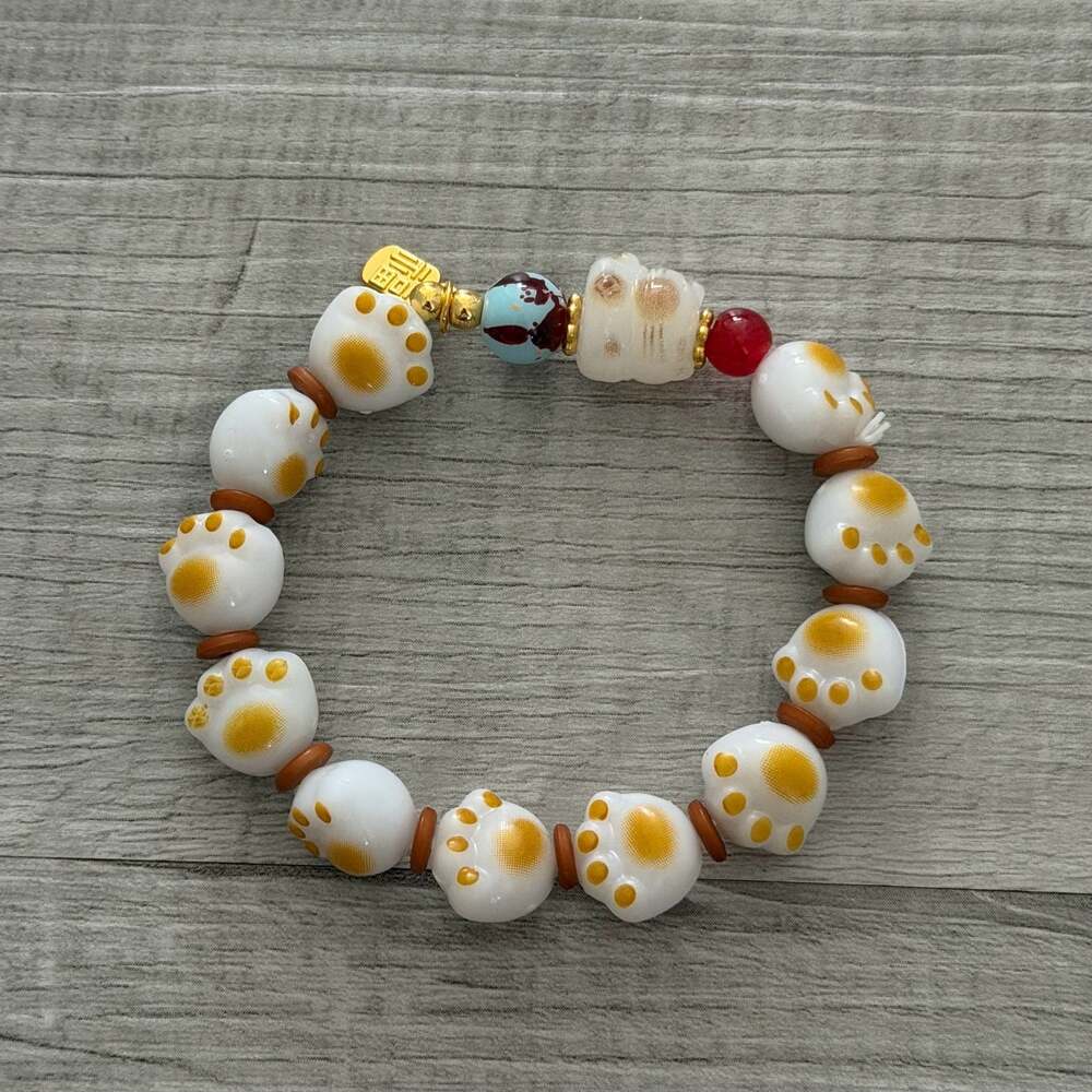 Lucky Cat Paw Bead Bracelet with Gold-Tone Fu Character Charm